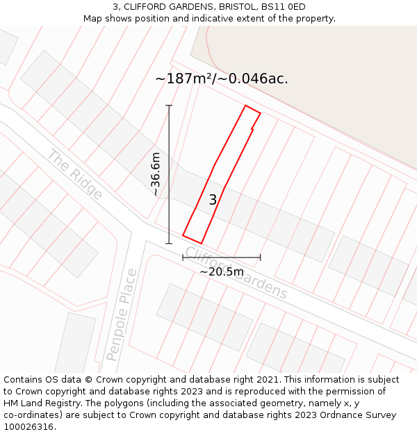 3, CLIFFORD GARDENS, BRISTOL, BS11 0ED: Plot and title map