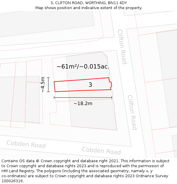 3, CLIFTON ROAD, WORTHING, BN11 4DY: Plot and title map