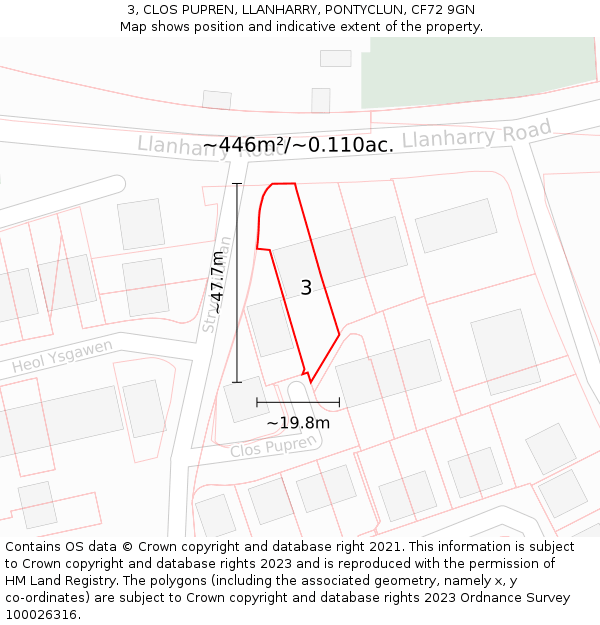 3, CLOS PUPREN, LLANHARRY, PONTYCLUN, CF72 9GN: Plot and title map