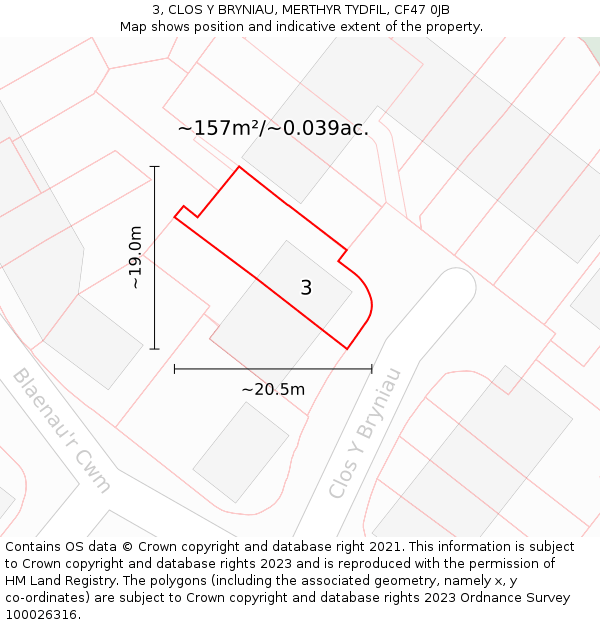 3, CLOS Y BRYNIAU, MERTHYR TYDFIL, CF47 0JB: Plot and title map
