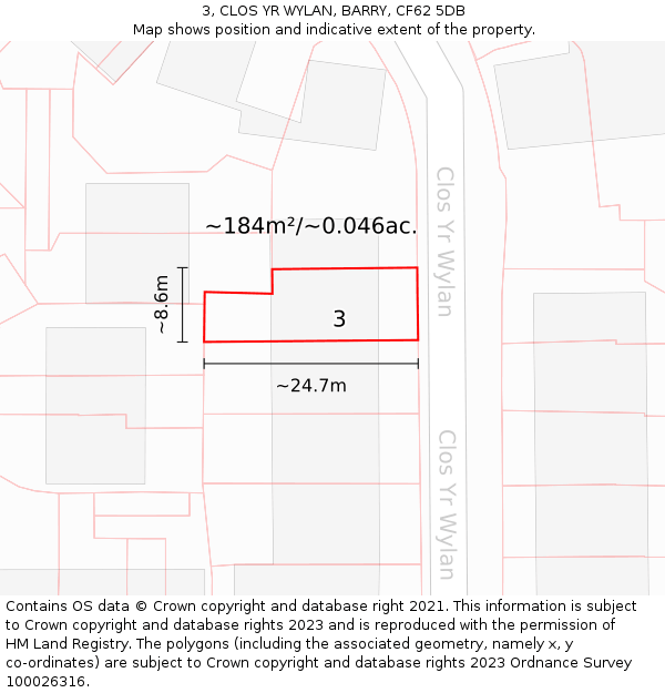 3, CLOS YR WYLAN, BARRY, CF62 5DB: Plot and title map