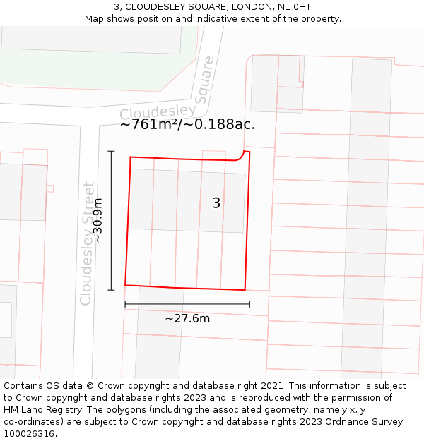 3, CLOUDESLEY SQUARE, LONDON, N1 0HT: Plot and title map