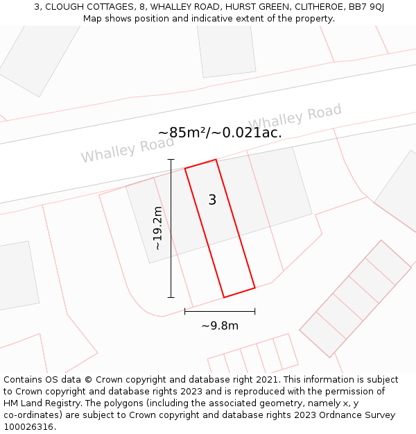 3, CLOUGH COTTAGES, 8, WHALLEY ROAD, HURST GREEN, CLITHEROE, BB7 9QJ: Plot and title map