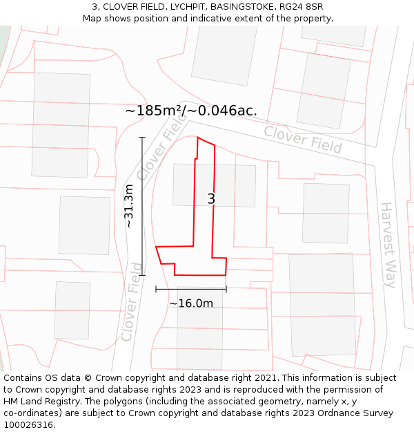 3, CLOVER FIELD, LYCHPIT, BASINGSTOKE, RG24 8SR: Plot and title map