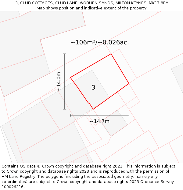 3, CLUB COTTAGES, CLUB LANE, WOBURN SANDS, MILTON KEYNES, MK17 8RA: Plot and title map