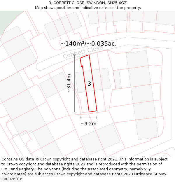 3, COBBETT CLOSE, SWINDON, SN25 4GZ: Plot and title map