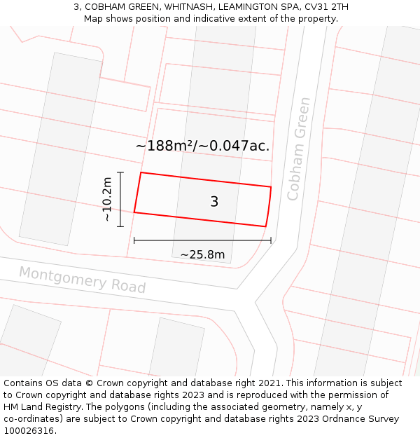 3, COBHAM GREEN, WHITNASH, LEAMINGTON SPA, CV31 2TH: Plot and title map
