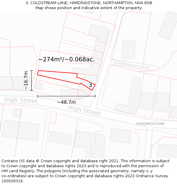 3, COLDSTREAM LANE, HARDINGSTONE, NORTHAMPTON, NN4 6DB: Plot and title map