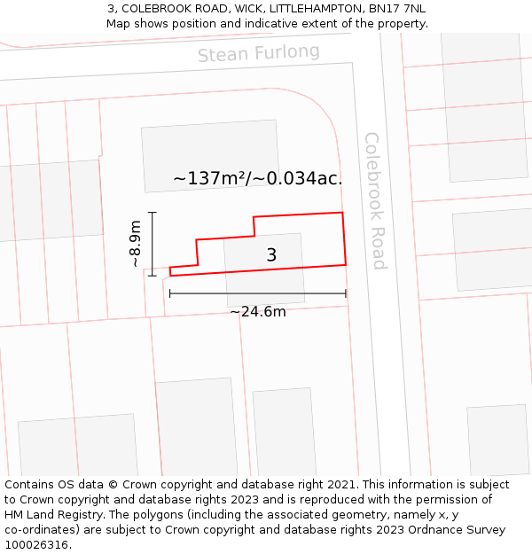 3, COLEBROOK ROAD, WICK, LITTLEHAMPTON, BN17 7NL: Plot and title map