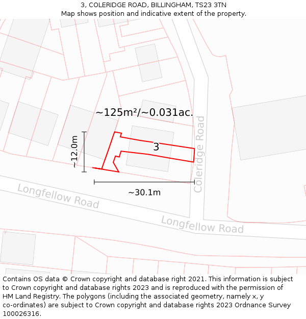 3, COLERIDGE ROAD, BILLINGHAM, TS23 3TN: Plot and title map