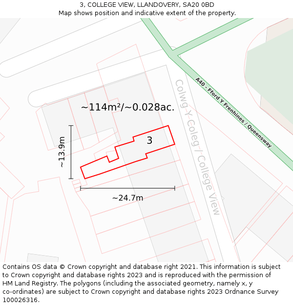 3, COLLEGE VIEW, LLANDOVERY, SA20 0BD: Plot and title map