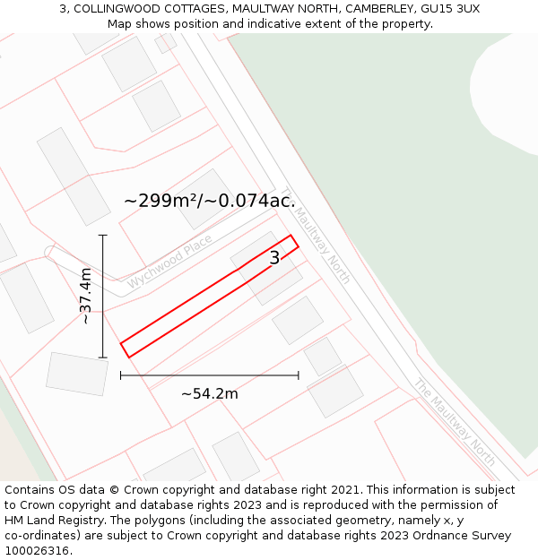 3, COLLINGWOOD COTTAGES, MAULTWAY NORTH, CAMBERLEY, GU15 3UX: Plot and title map