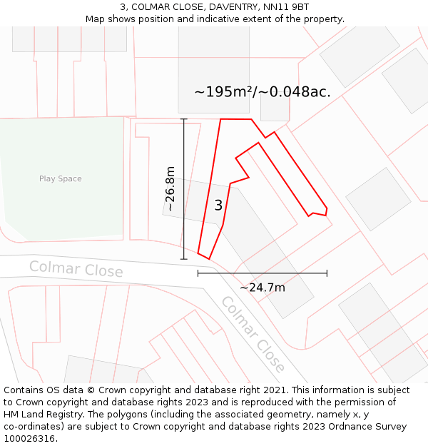 3, COLMAR CLOSE, DAVENTRY, NN11 9BT: Plot and title map
