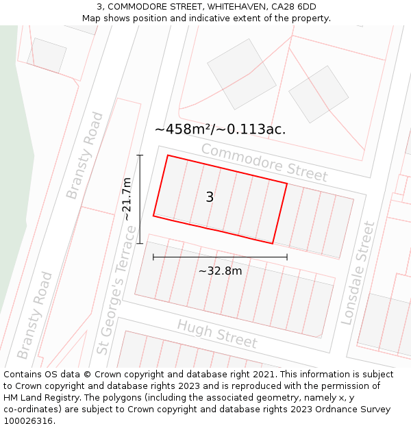 3, COMMODORE STREET, WHITEHAVEN, CA28 6DD: Plot and title map
