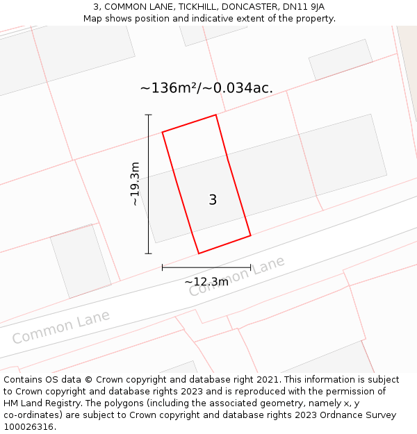 3, COMMON LANE, TICKHILL, DONCASTER, DN11 9JA: Plot and title map