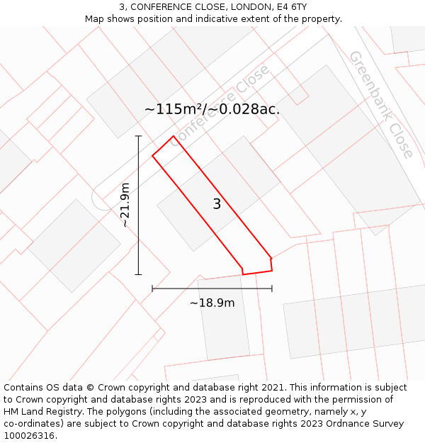 3, CONFERENCE CLOSE, LONDON, E4 6TY: Plot and title map