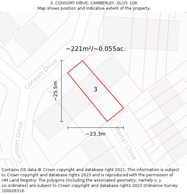 3, CONSORT DRIVE, CAMBERLEY, GU15 1QR: Plot and title map