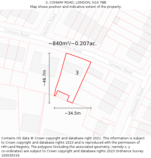 3, CONWAY ROAD, LONDON, N14 7BB: Plot and title map