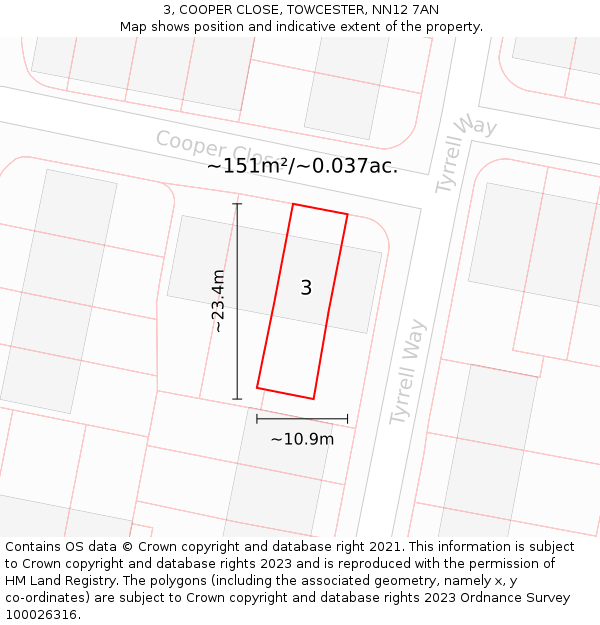 3, COOPER CLOSE, TOWCESTER, NN12 7AN: Plot and title map
