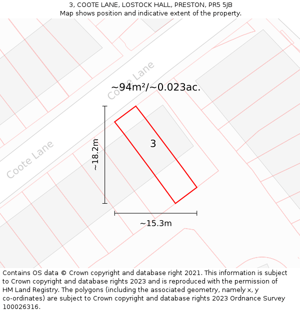 3, COOTE LANE, LOSTOCK HALL, PRESTON, PR5 5JB: Plot and title map