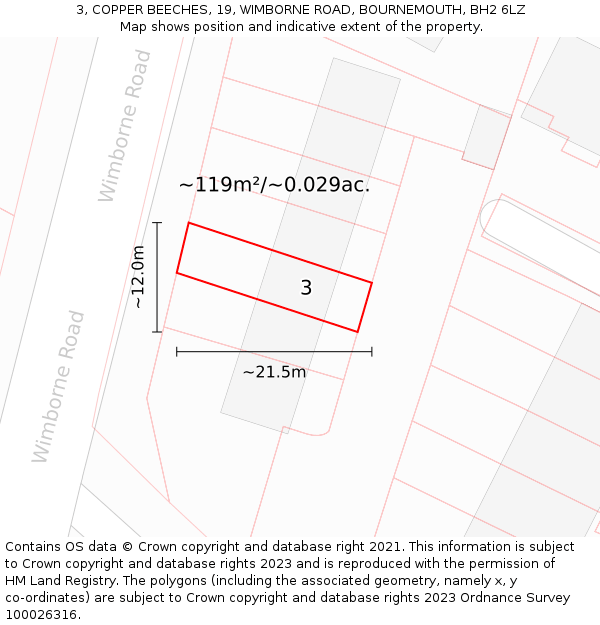 3, COPPER BEECHES, 19, WIMBORNE ROAD, BOURNEMOUTH, BH2 6LZ: Plot and title map
