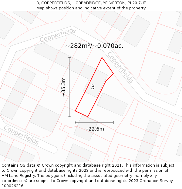 3, COPPERFIELDS, HORRABRIDGE, YELVERTON, PL20 7UB: Plot and title map