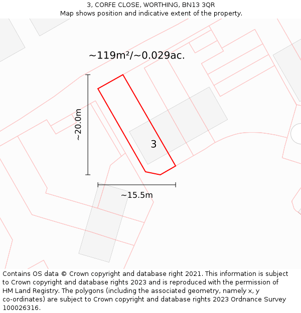 3, CORFE CLOSE, WORTHING, BN13 3QR: Plot and title map