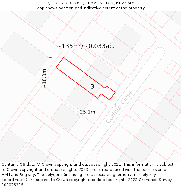 3, CORINTO CLOSE, CRAMLINGTON, NE23 6FA: Plot and title map