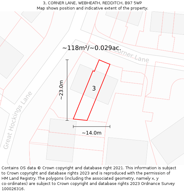 3, CORNER LANE, WEBHEATH, REDDITCH, B97 5WP: Plot and title map