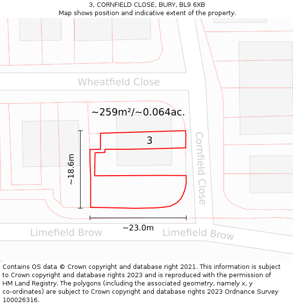 3, CORNFIELD CLOSE, BURY, BL9 6XB: Plot and title map