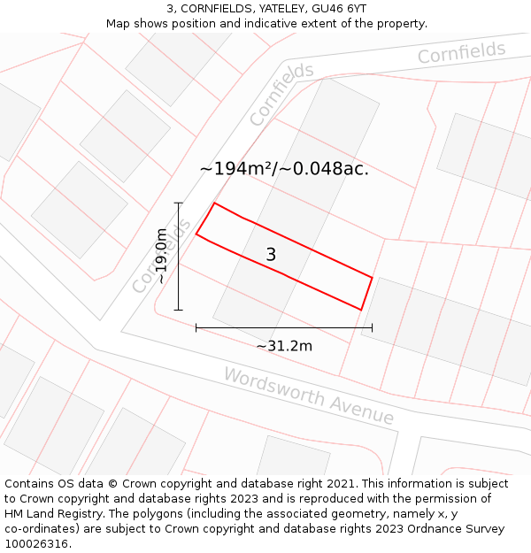 3, CORNFIELDS, YATELEY, GU46 6YT: Plot and title map