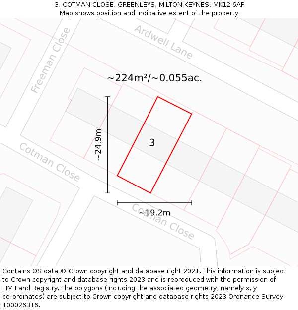 3, COTMAN CLOSE, GREENLEYS, MILTON KEYNES, MK12 6AF: Plot and title map