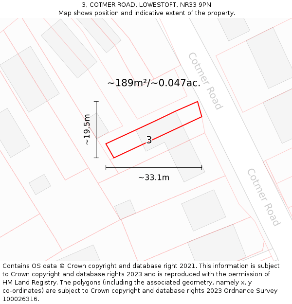 3, COTMER ROAD, LOWESTOFT, NR33 9PN: Plot and title map