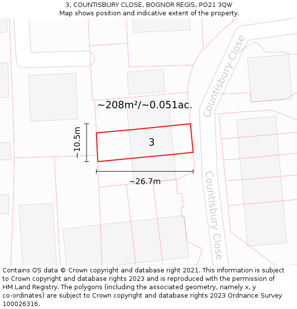 3, COUNTISBURY CLOSE, BOGNOR REGIS, PO21 3QW: Plot and title map