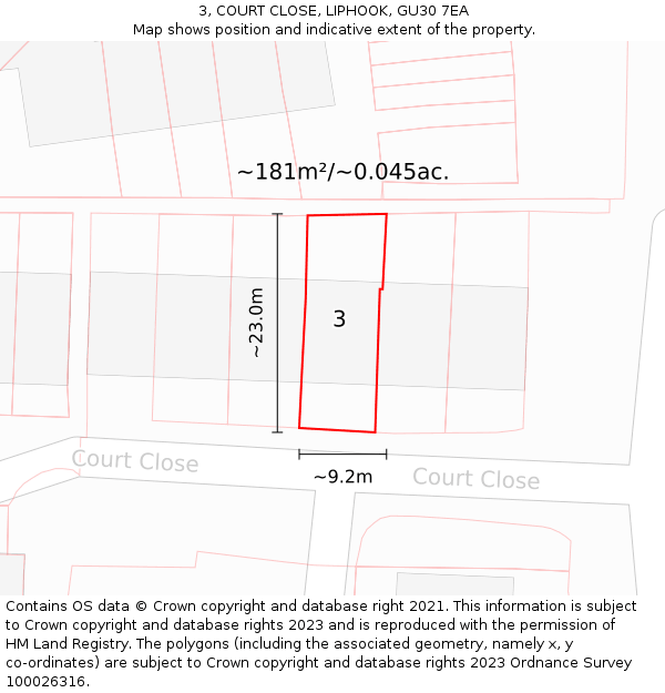 3, COURT CLOSE, LIPHOOK, GU30 7EA: Plot and title map