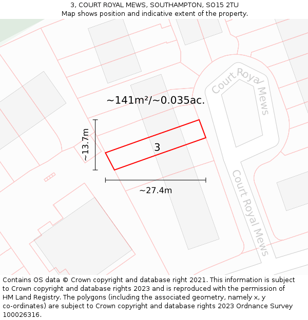 3, COURT ROYAL MEWS, SOUTHAMPTON, SO15 2TU: Plot and title map