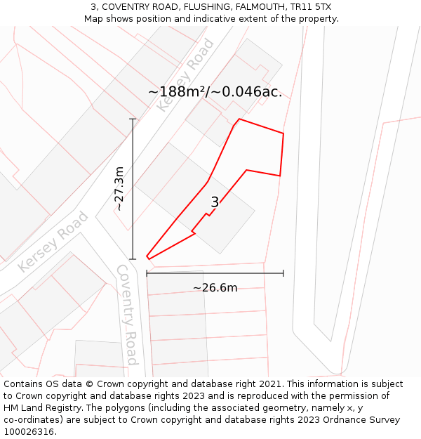 3, COVENTRY ROAD, FLUSHING, FALMOUTH, TR11 5TX: Plot and title map