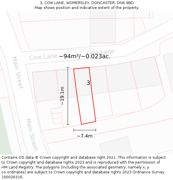 3, COW LANE, WOMERSLEY, DONCASTER, DN6 9BD: Plot and title map