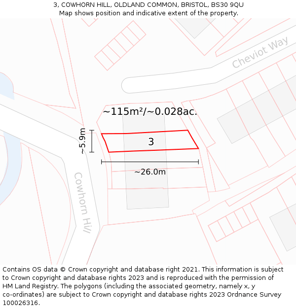 3, COWHORN HILL, OLDLAND COMMON, BRISTOL, BS30 9QU: Plot and title map