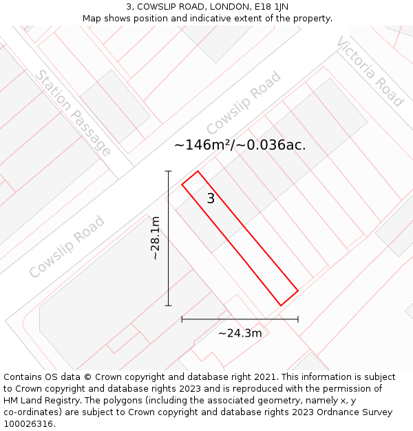 3, COWSLIP ROAD, LONDON, E18 1JN: Plot and title map