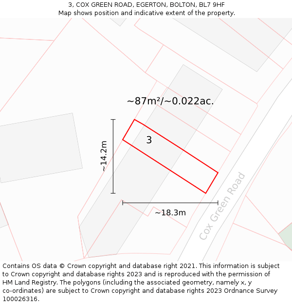 3, COX GREEN ROAD, EGERTON, BOLTON, BL7 9HF: Plot and title map