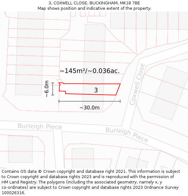 3, COXWELL CLOSE, BUCKINGHAM, MK18 7BE: Plot and title map