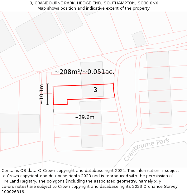 3, CRANBOURNE PARK, HEDGE END, SOUTHAMPTON, SO30 0NX: Plot and title map