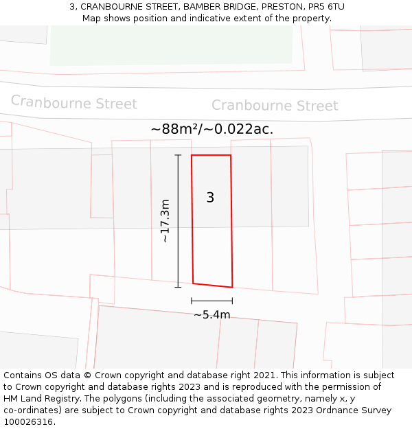 3, CRANBOURNE STREET, BAMBER BRIDGE, PRESTON, PR5 6TU: Plot and title map