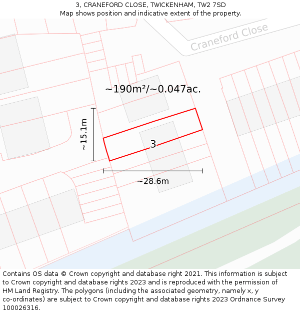 3, CRANEFORD CLOSE, TWICKENHAM, TW2 7SD: Plot and title map
