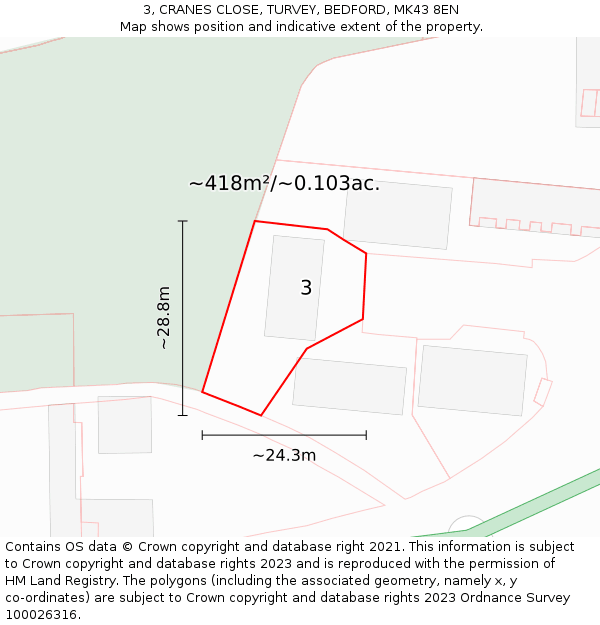 3, CRANES CLOSE, TURVEY, BEDFORD, MK43 8EN: Plot and title map