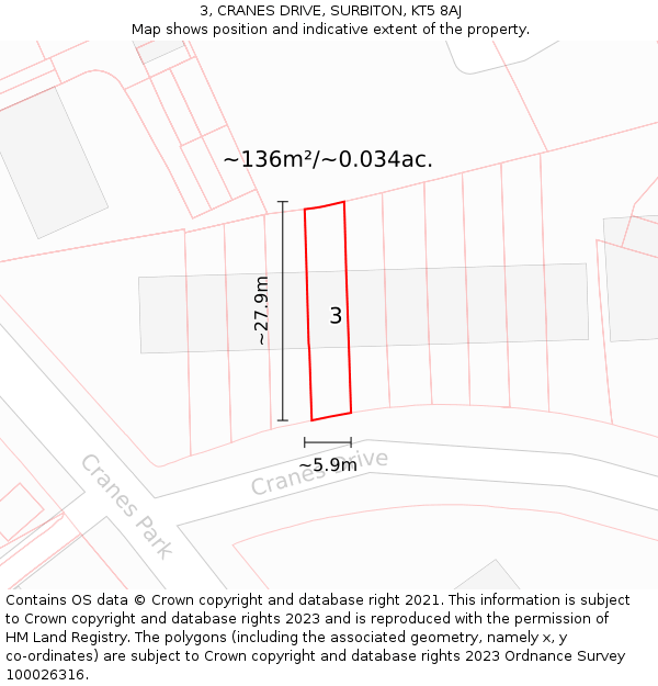 3, CRANES DRIVE, SURBITON, KT5 8AJ: Plot and title map