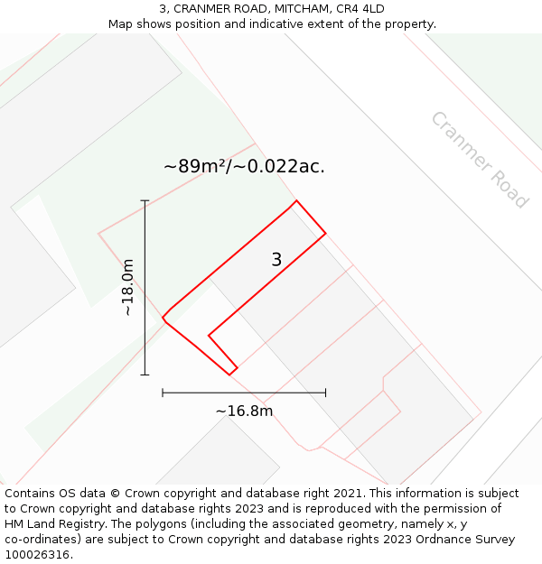 3, CRANMER ROAD, MITCHAM, CR4 4LD: Plot and title map
