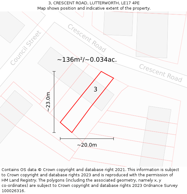 3, CRESCENT ROAD, LUTTERWORTH, LE17 4PE: Plot and title map