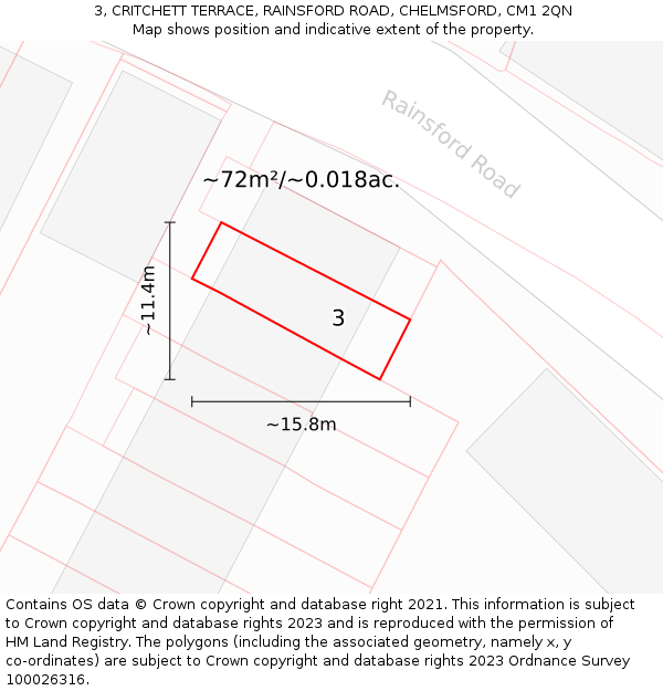 3, CRITCHETT TERRACE, RAINSFORD ROAD, CHELMSFORD, CM1 2QN: Plot and title map